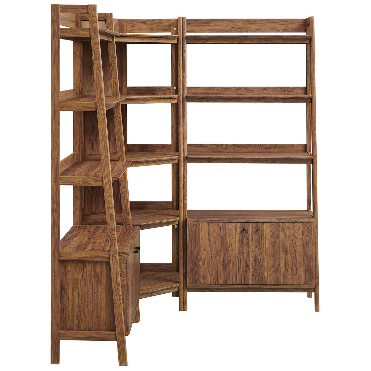 Sleek walnut bookcase set with ladder-style frames, clean lines, and warm wood grain || EEI-7471-WAL || side_studio