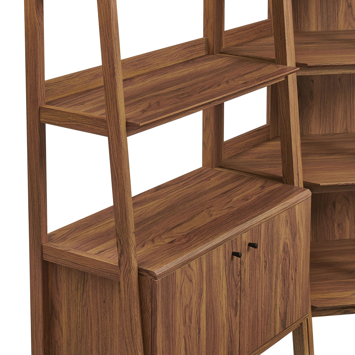 Walnut wood grain shelves with sturdy angled supports and smooth cabinet top || EEI-7471-WAL || detail_studio