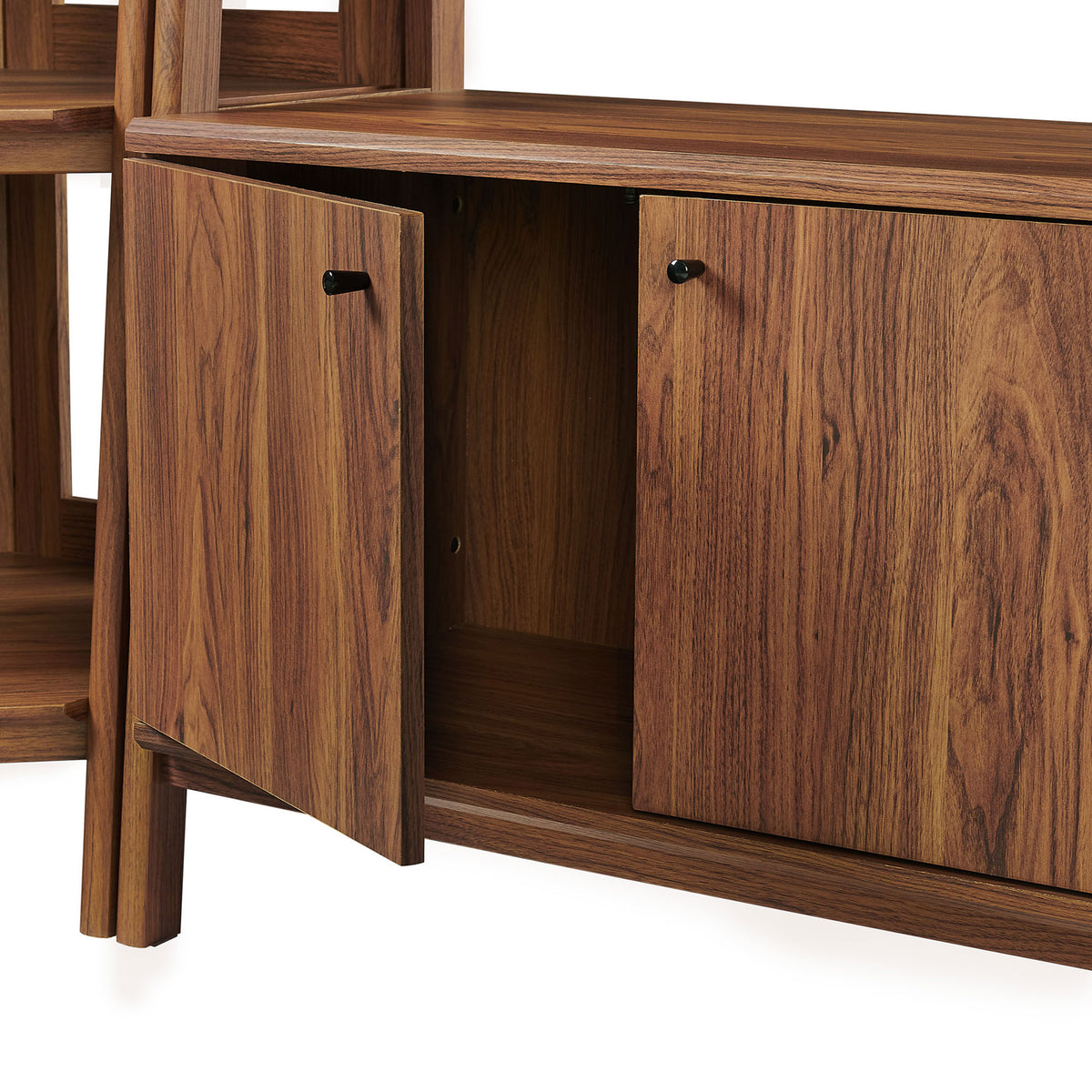 Lower cabinet offers hidden storage with wood grain finish and minimalist pull handles || EEI-7471-WAL || storage_open_studio