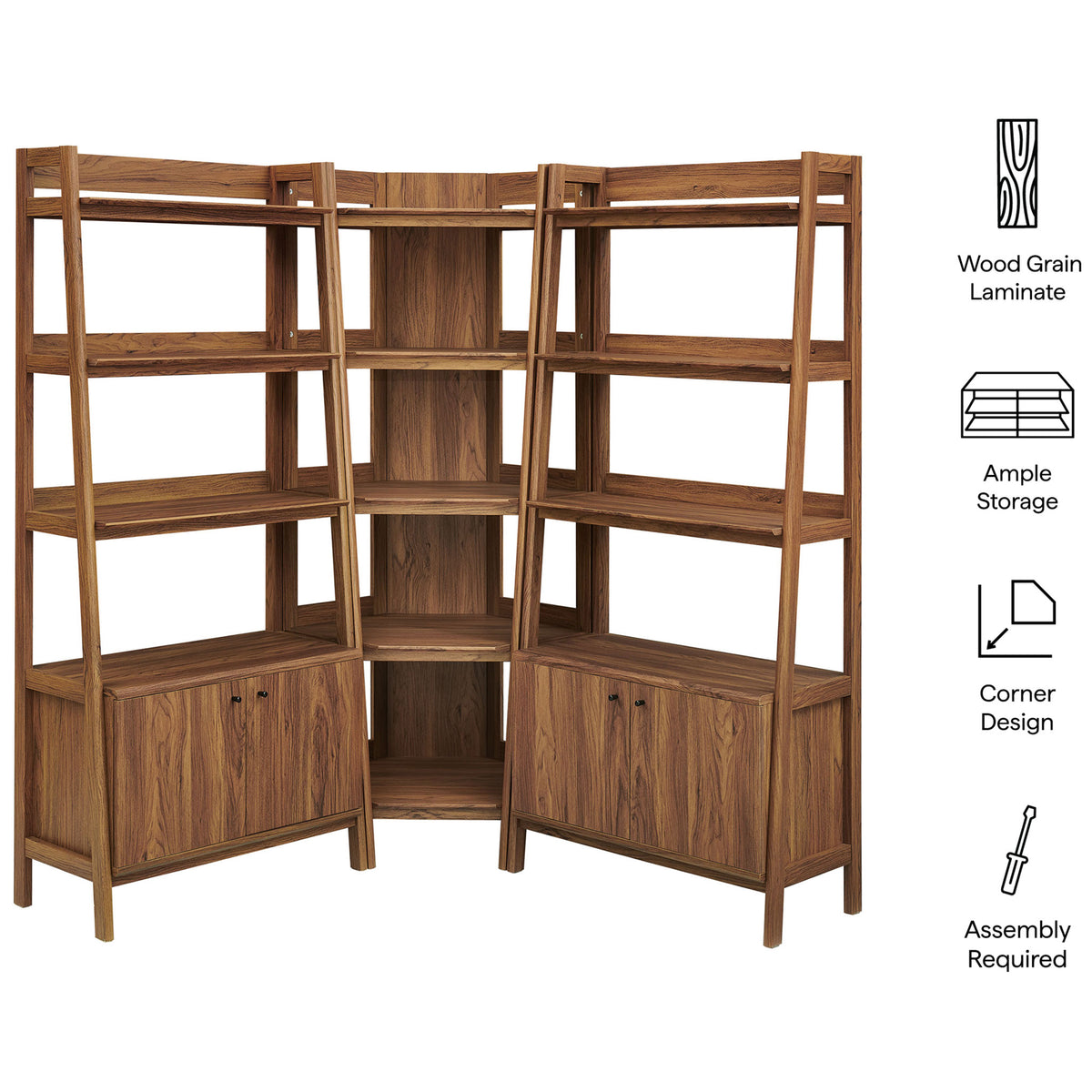 Feature highlights including wood grain laminate, ample storage, and corner design || EEI-7471-WAL || callout_studio