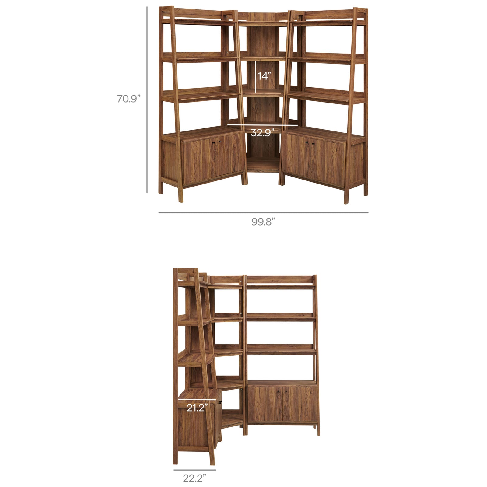 Dimensions overview for the three-piece corner bookshelf set || EEI-7471-WAL || dimension_studio