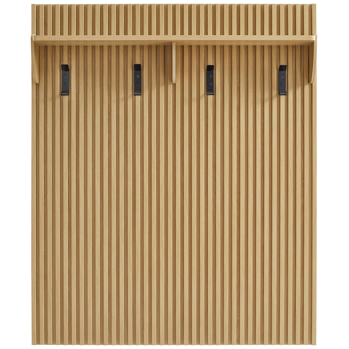 Light oak fluted wall panel with top shelf and four black hooks for entryway storage || EEI-7472-OAK || front_studio