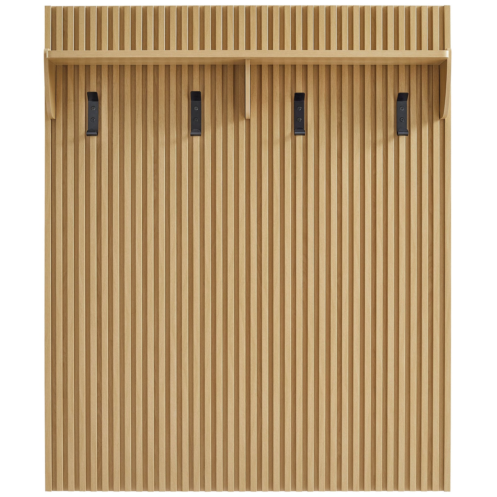 Light oak fluted wall panel with top shelf and four black hooks for entryway storage || EEI-7472-OAK || front_studio