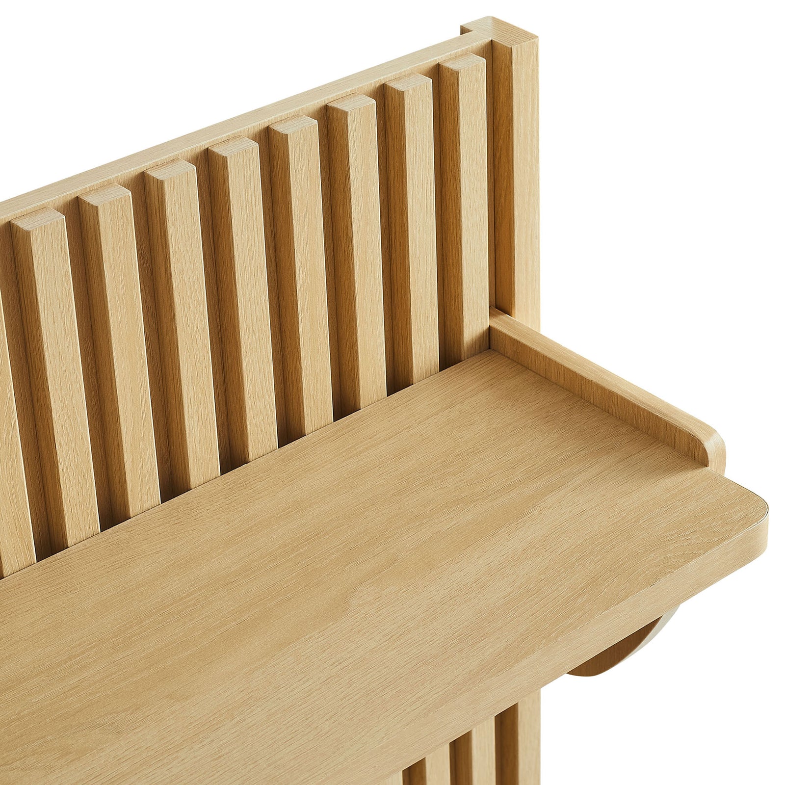 Sleek wood grain shelf with curved support accentuates the vertical slat texture || EEI-7472-OAK || storage_studio