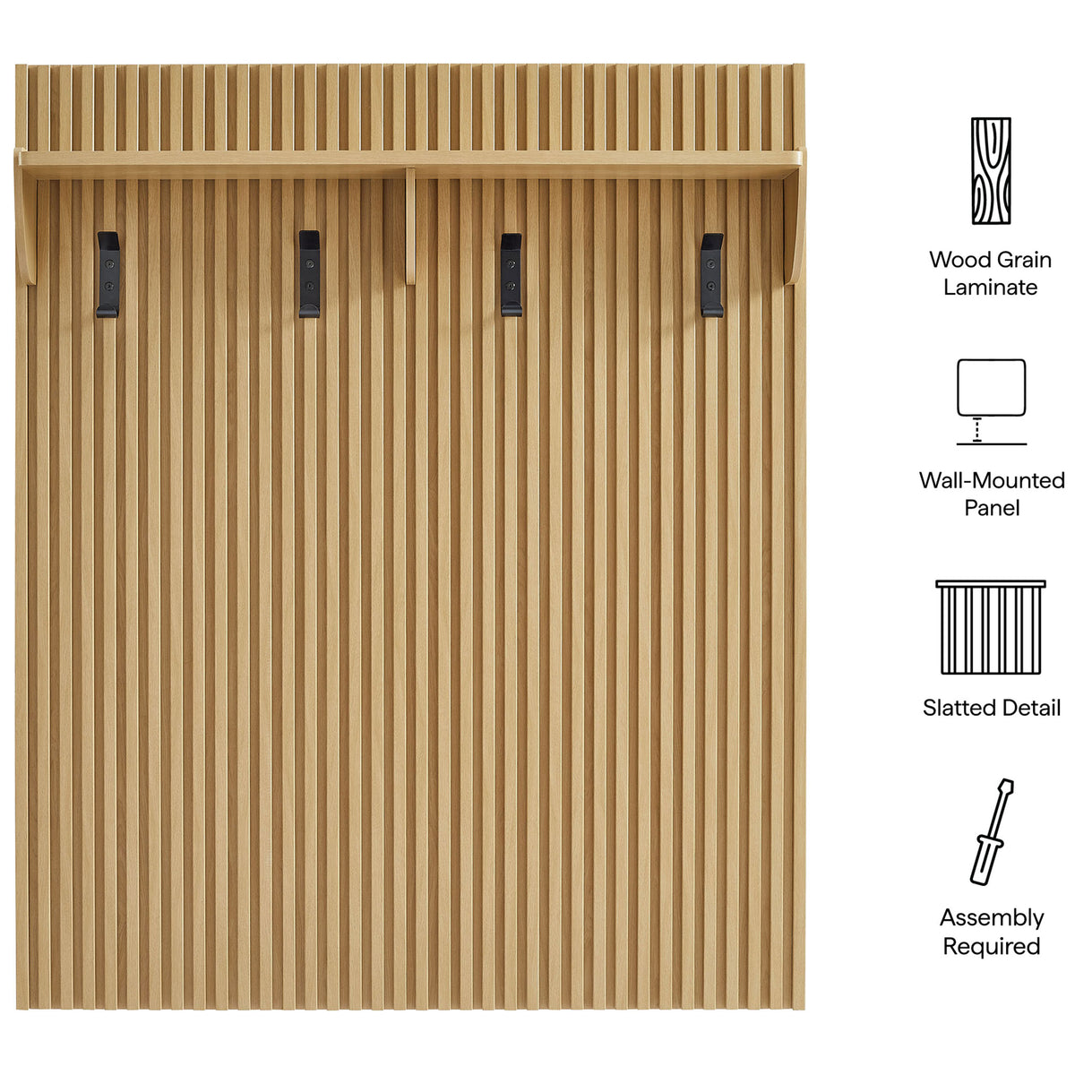 Wall-mounted slatted panel with durable wood grain laminate, four hooks, and a convenient top shelf || EEI-7472-OAK || callout_studio