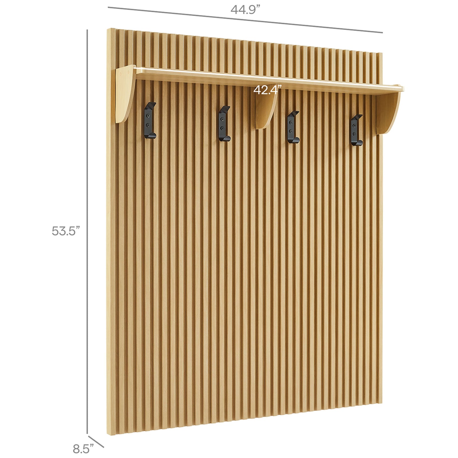 Fluted panel with shelf and four hooks, 44.9 in wide by 53.5 in high for everyday organization || EEI-7472-OAK || dimension_studio