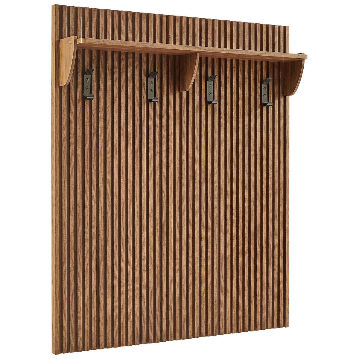 Fluted walnut wall coat rack with three black hooks and a spacious top shelf || EEI-7472-WAL || front_angle_studio