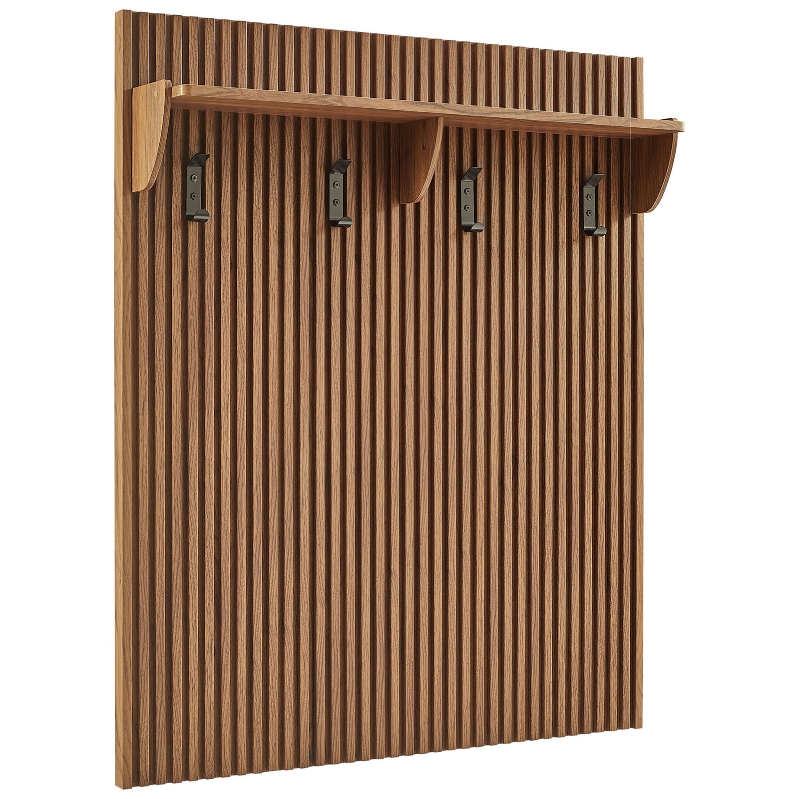 Fluted walnut wall coat rack with three black hooks and a spacious top shelf || EEI-7472-WAL || front_angle_studio