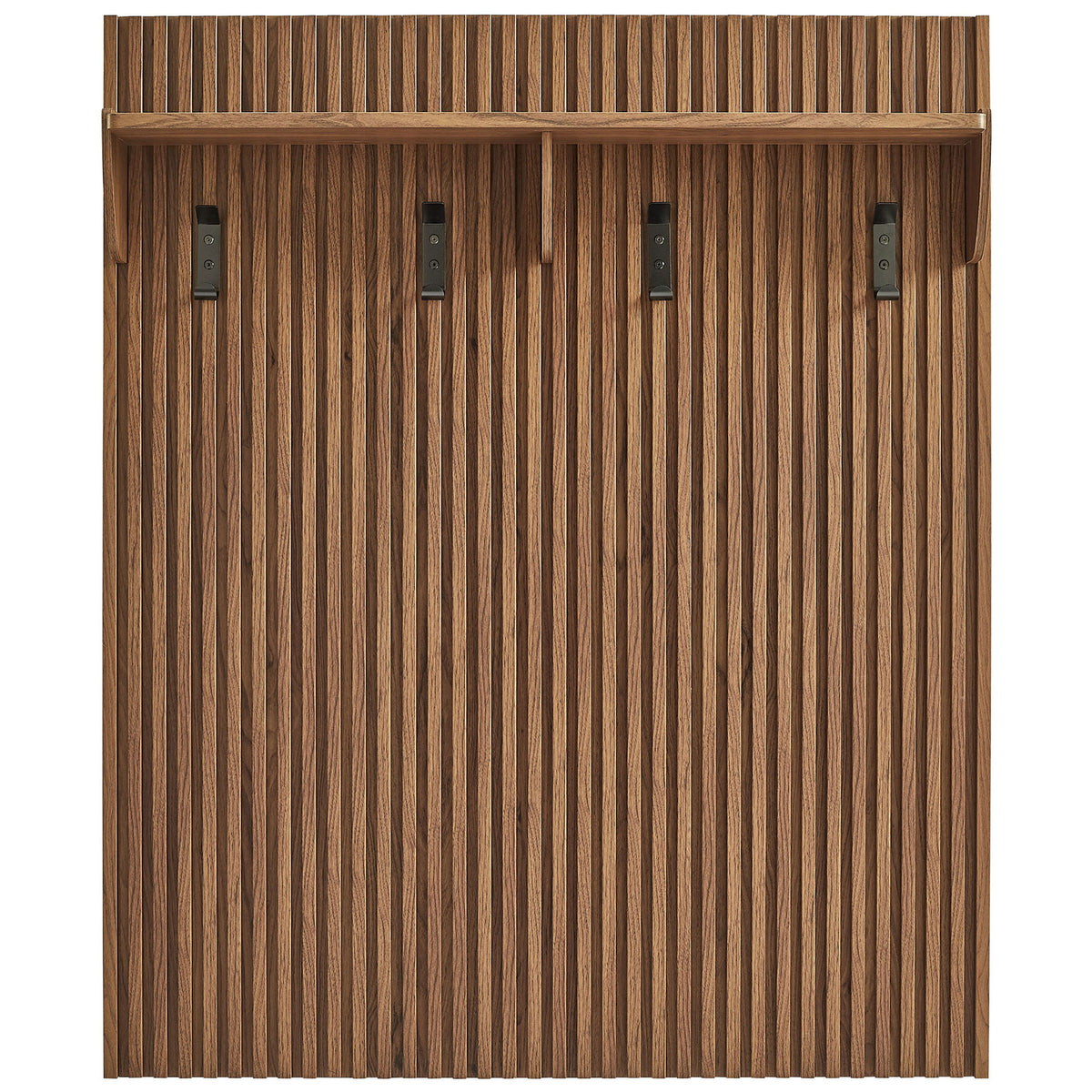 Walnut slatted coat rack panel with three black hooks and a streamlined top shelf || EEI-7472-WAL || front_studio