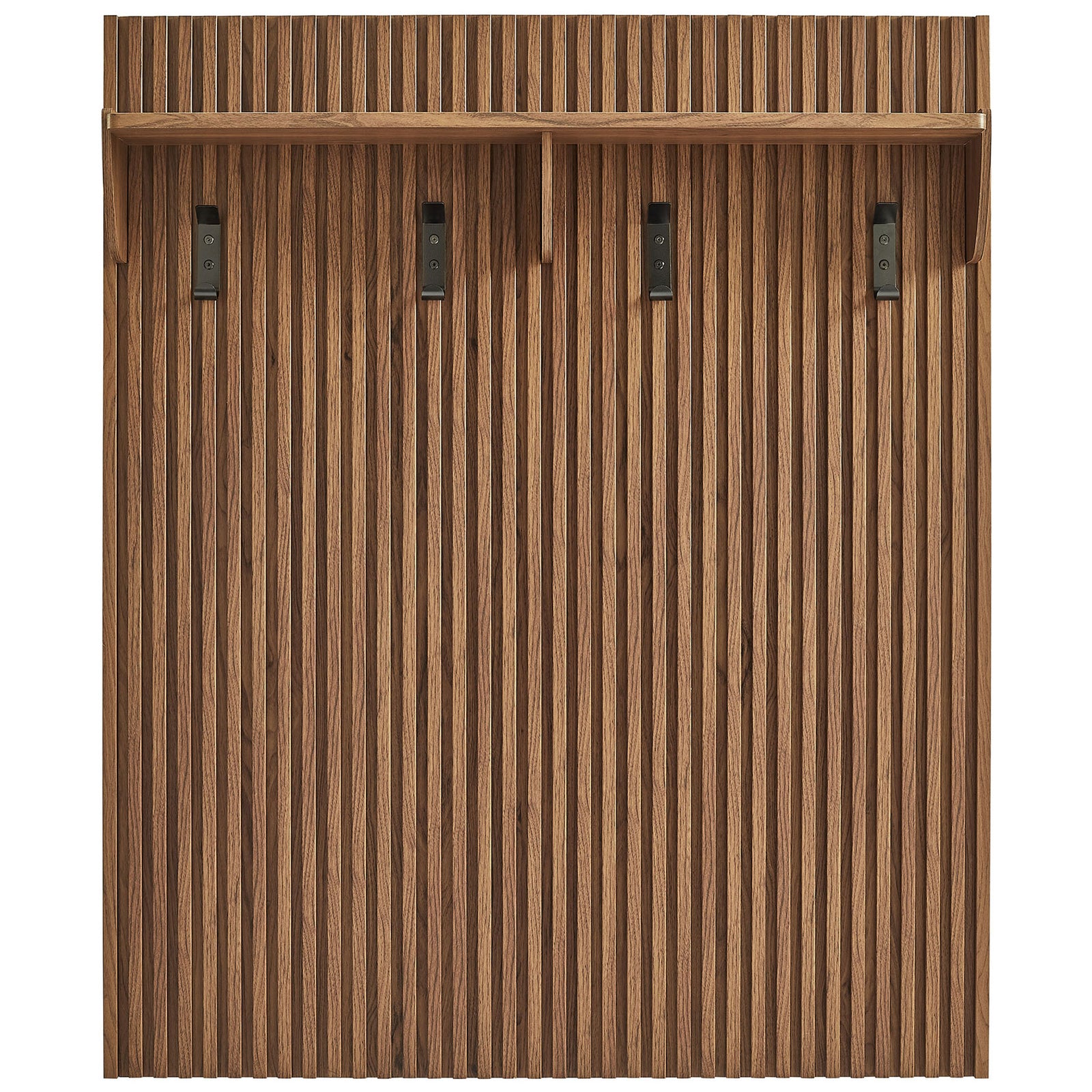 Walnut slatted coat rack panel with three black hooks and a streamlined top shelf || EEI-7472-WAL || front_studio