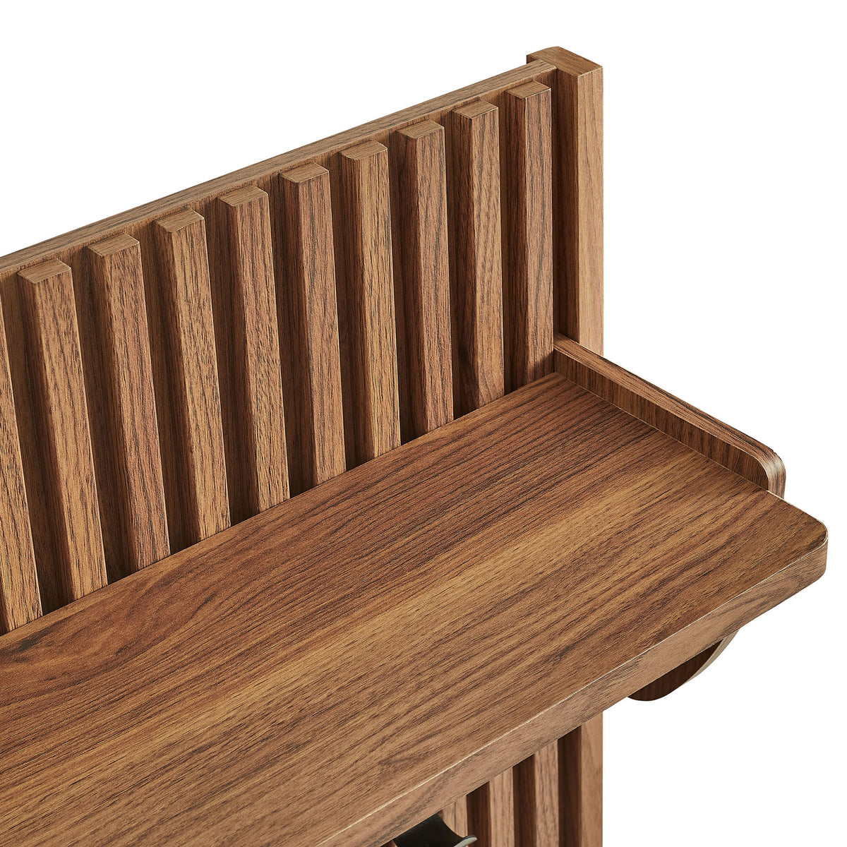 Rich wood grain shelf with curved bracket atop the slatted walnut panel || EEI-7472-WAL || storage_studio