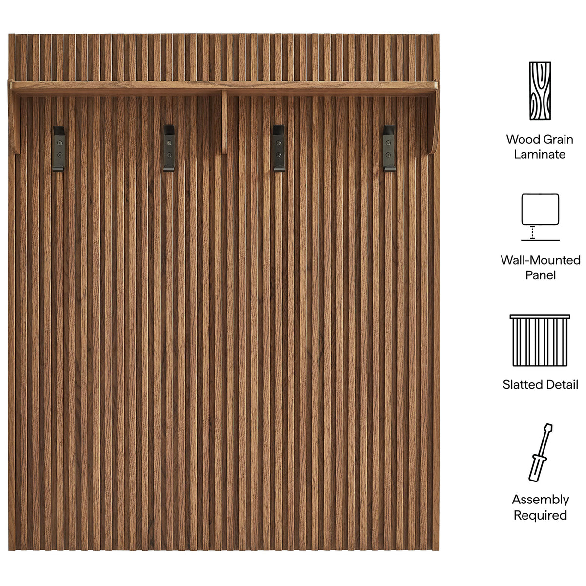 Key features of the slatted walnut coat rack panel with top shelf and hooks || EEI-7472-WAL || callout_studio