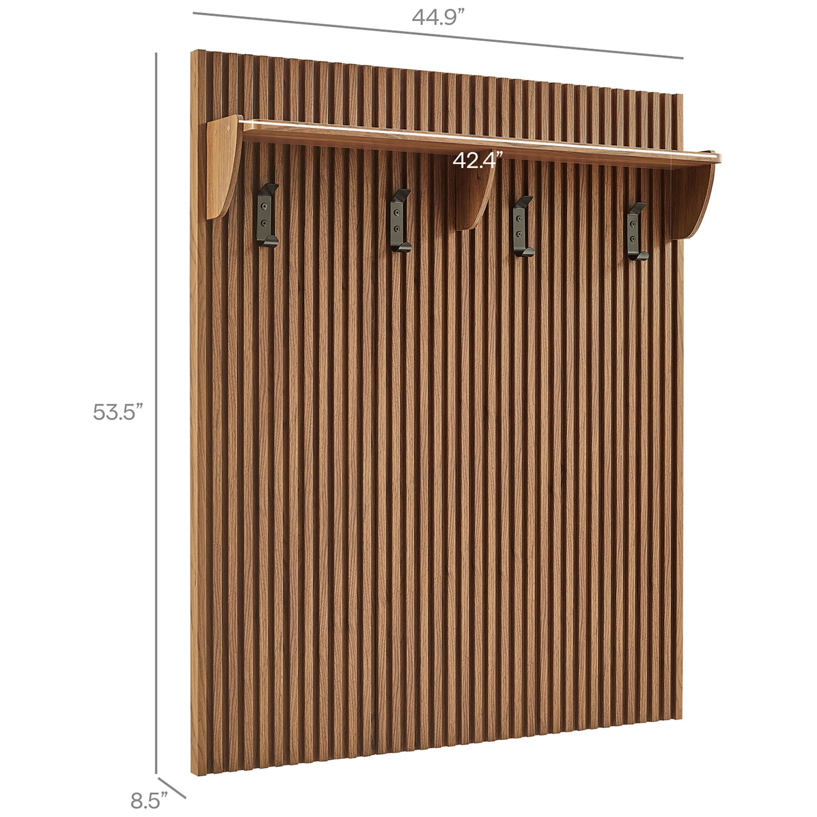 Dimensions for the slatted walnut coat rack panel with shelf and hooks || EEI-7472-WAL || dimension_studio
