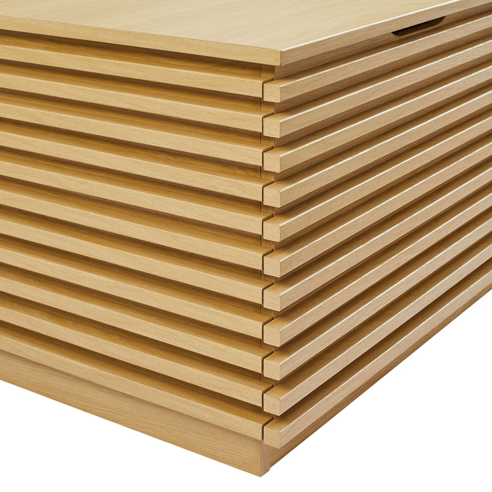 Crisp horizontal slats and smooth oak woodgrain add texture and depth to the bench base || EEI-7473-OAK || detail_studio