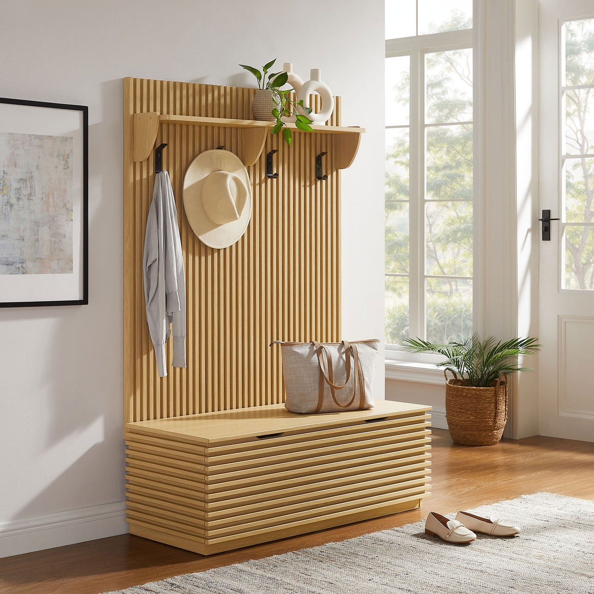 Complete hall tree set brightens the entry with fluted panel, four hooks, and a roomy storage bench || EEI-7473-OAK || front_angle_room