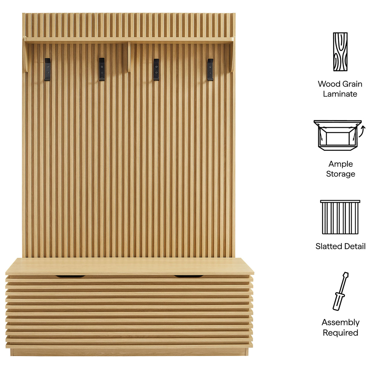 Hall tree highlights woodgrain laminate, slatted detailing, and ample bench storage for everyday use || EEI-7473-OAK || callout_studio