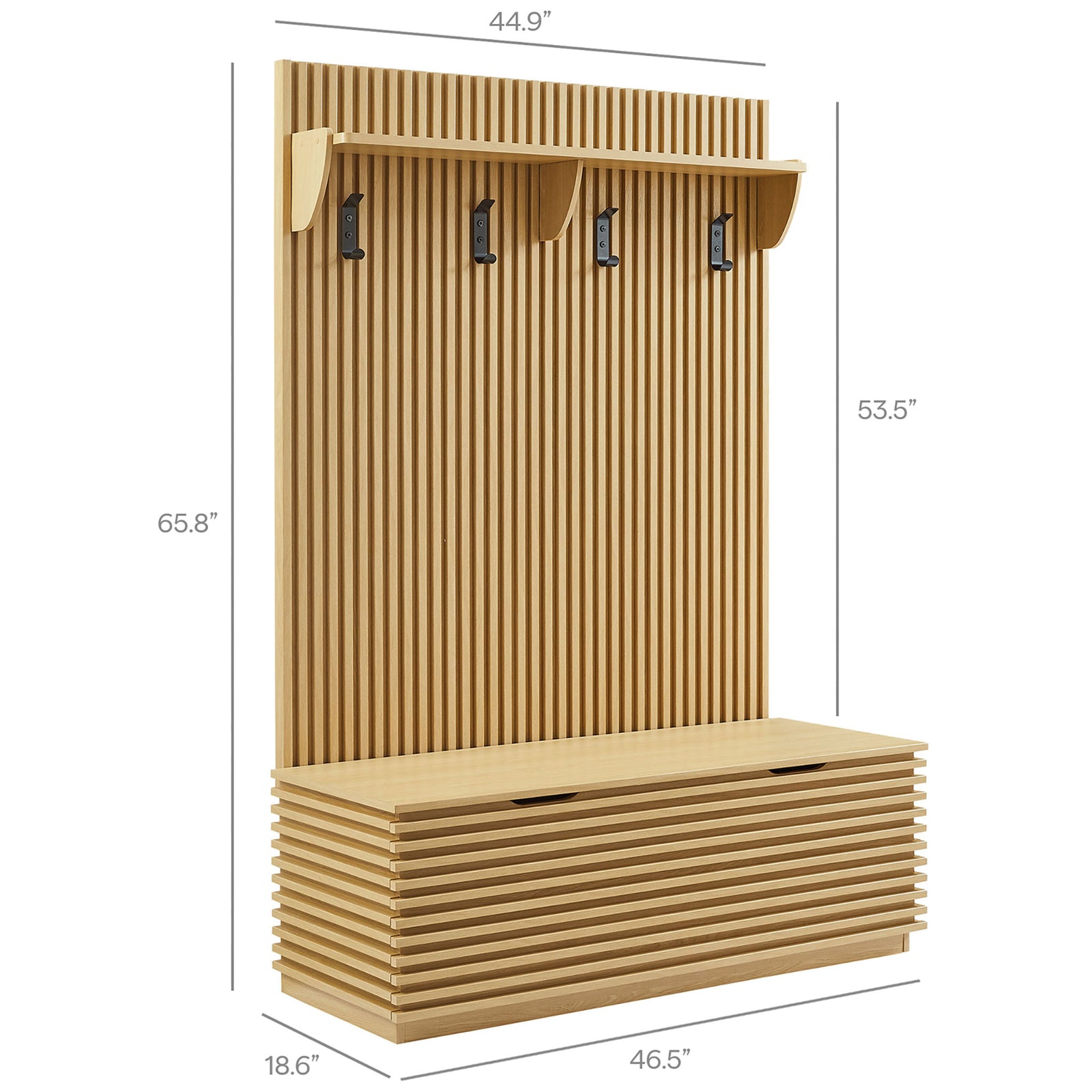 Streamlined hall tree with fluted panel and lift-top bench sized to fit modern entryways || EEI-7473-OAK || dimension_studio