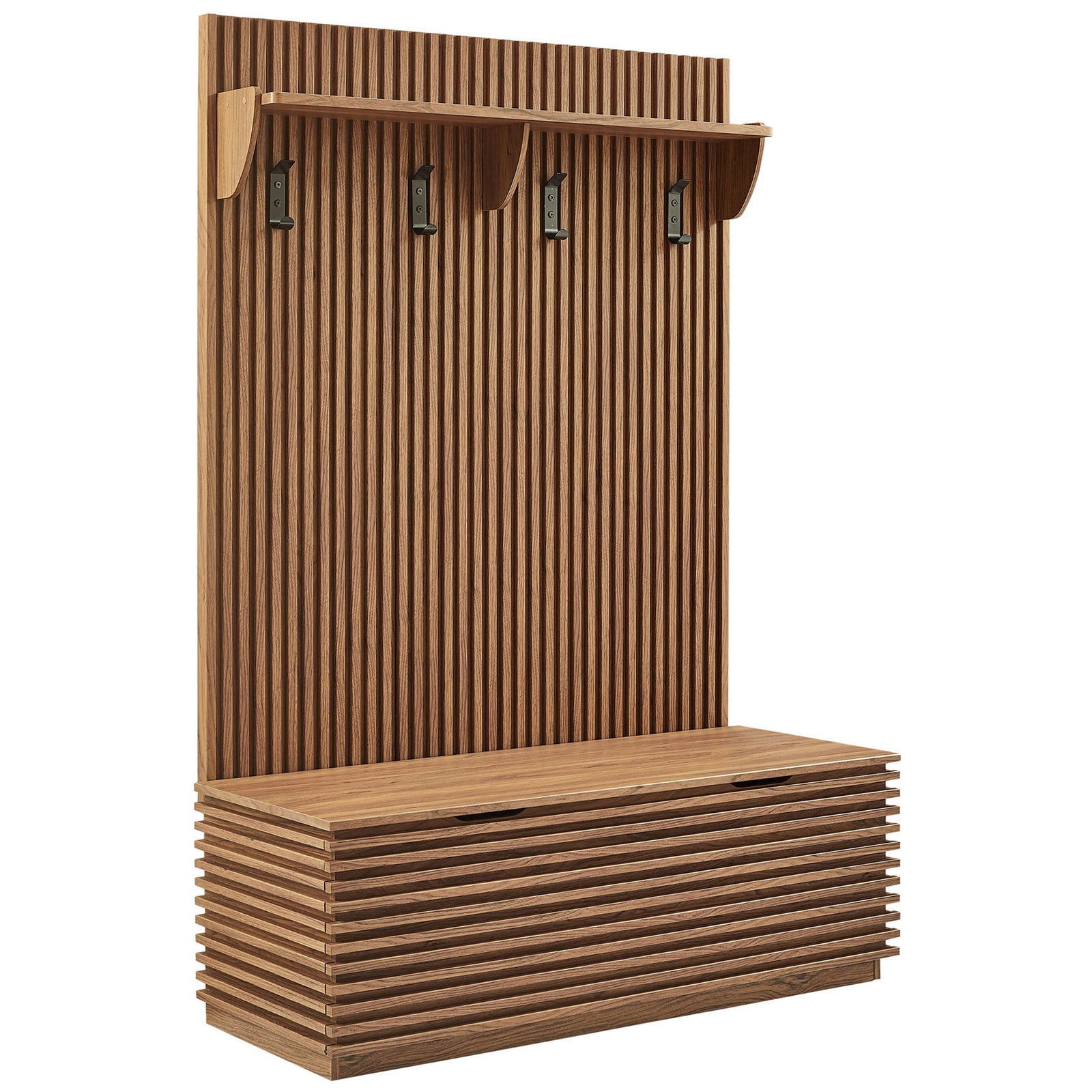 Mid-century hall tree with fluted panel, walnut wood grain, shelf, and slatted storage bench || EEI-7473-WAL || front_angle_studio