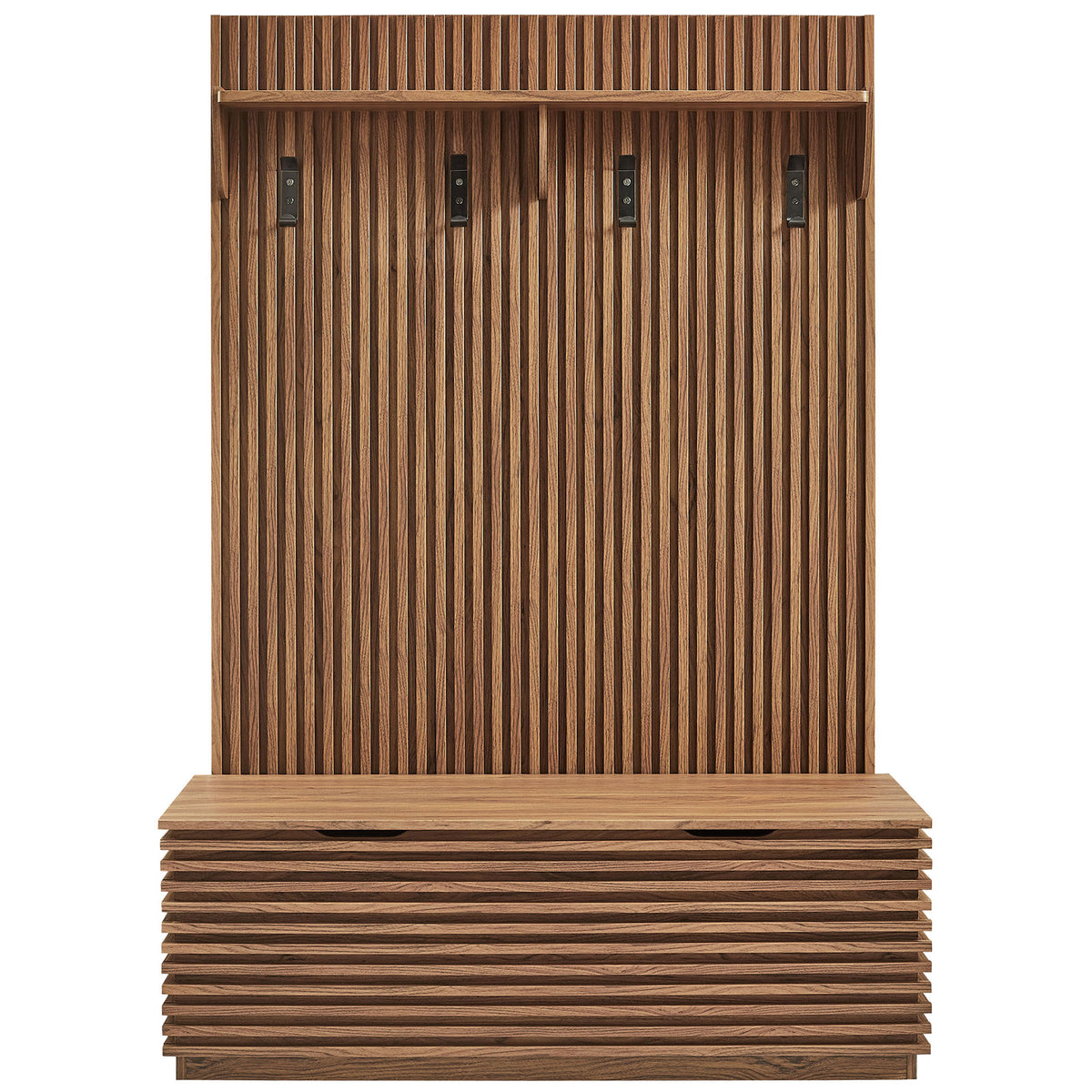 Four black metal hooks and a display shelf pair with a slatted storage bench in rich walnut || EEI-7473-WAL || front_studio