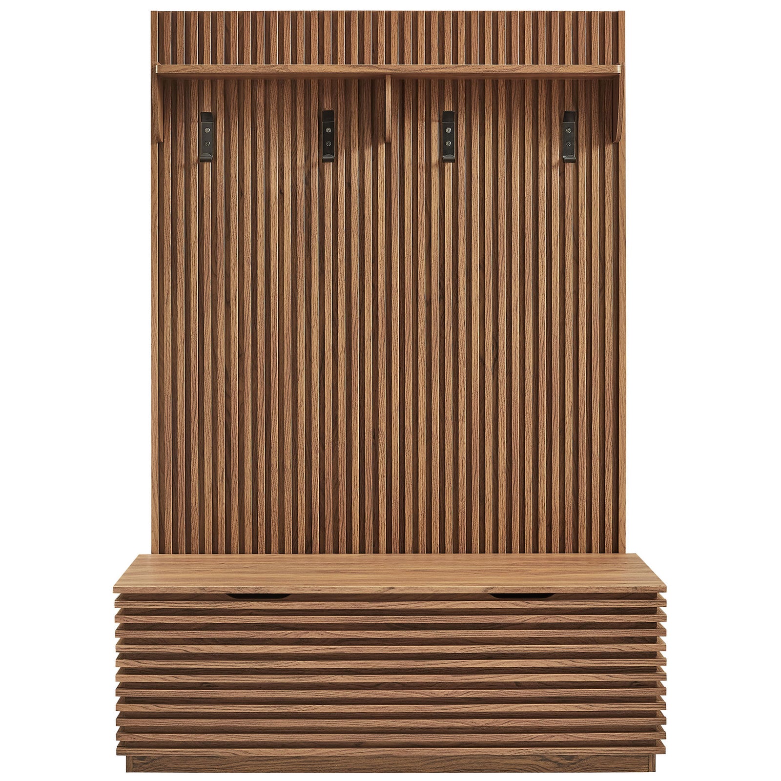 Four black metal hooks and a display shelf pair with a slatted storage bench in rich walnut || EEI-7473-WAL || front_studio