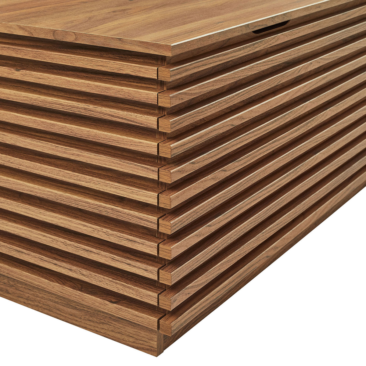 Crisp horizontal slats wrap the bench for bold texture and a clean, modern profile || EEI-7473-WAL || detail_studio