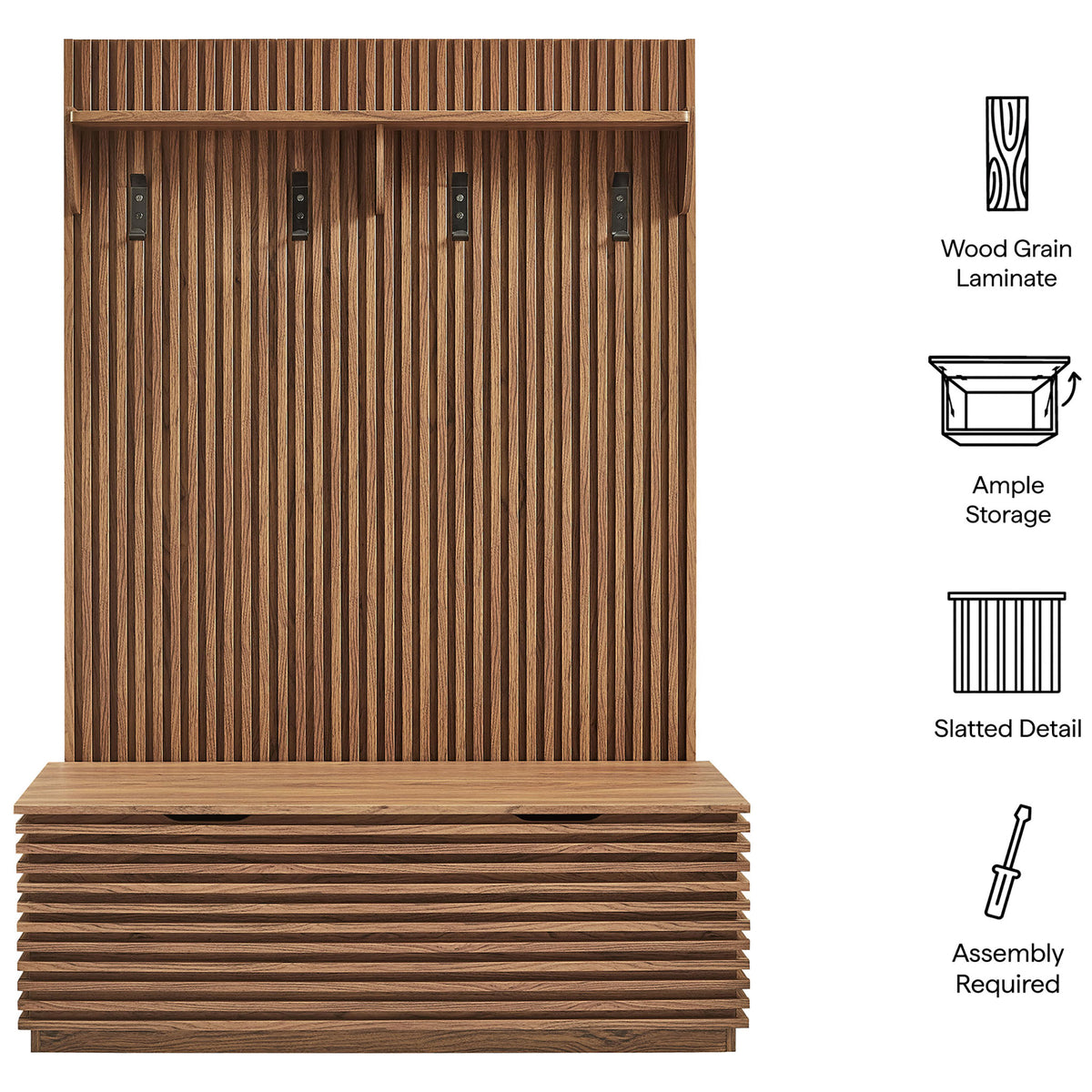 Wood grain laminate, ample storage, and slatted detailing deliver style and function for busy entryways || EEI-7473-WAL || callout_studio