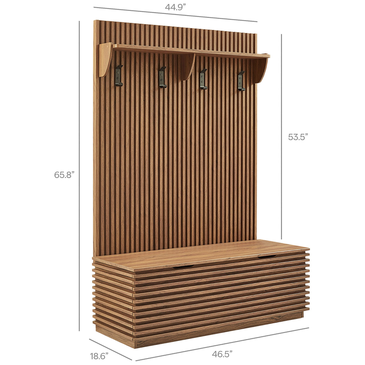 Sized to organize coats and gear while offering comfortable bench seating in one tidy footprint || EEI-7473-WAL || dimension_studio