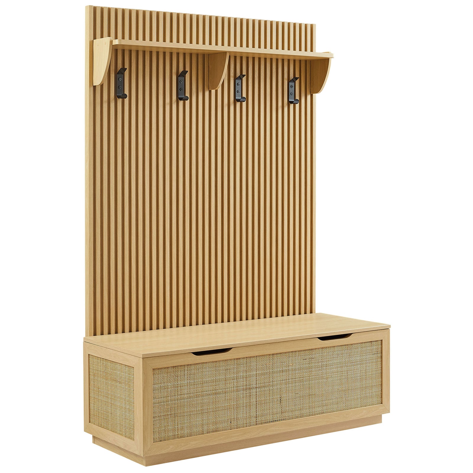 Streamlined entryway set with slatted back, top shelf, and a flip-top bench accented by woven rattan. || EEI-7474-OAK || front_angle_studio