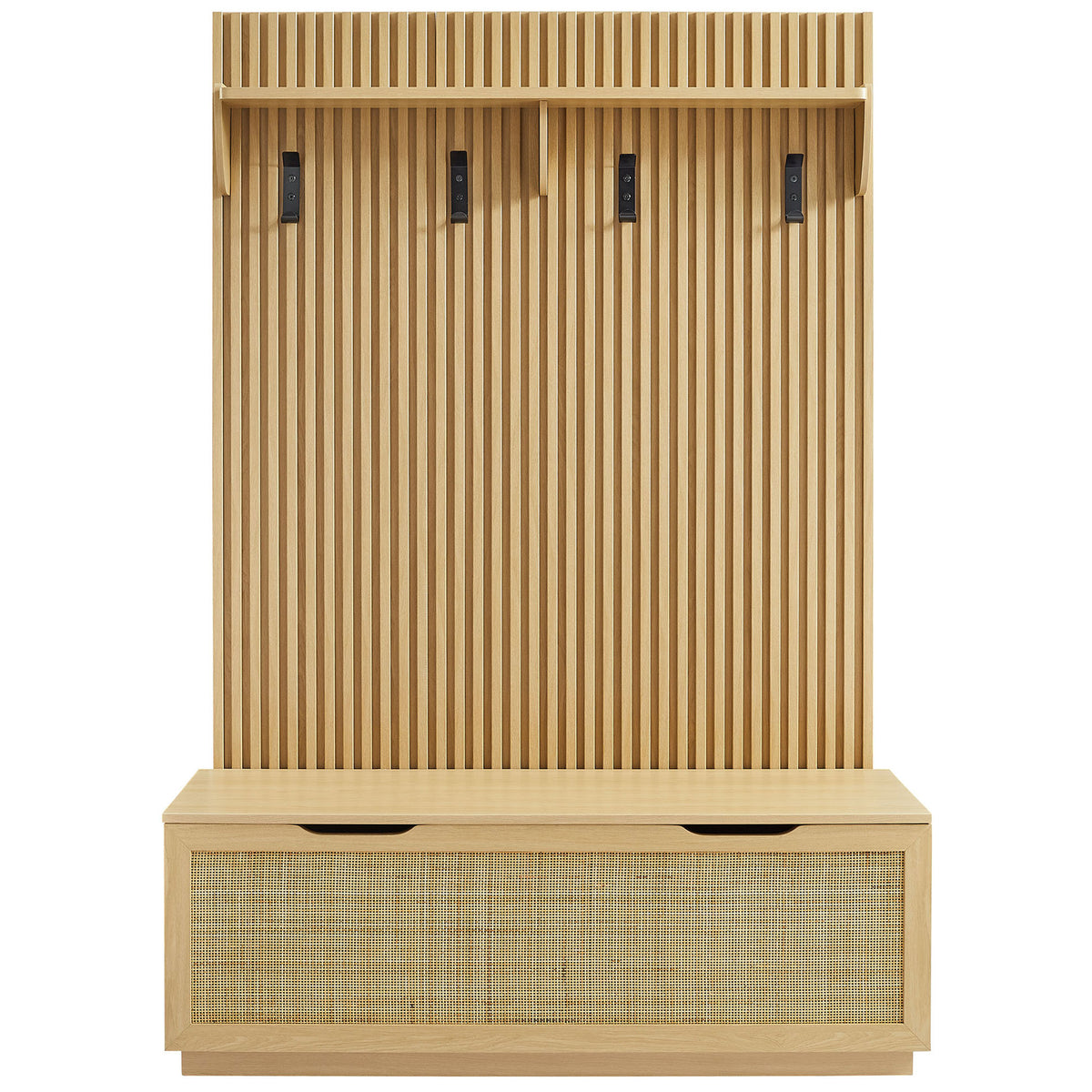 Soma hall tree with fluted panel, four metal hooks, and rattan-front storage bench in light oak. || EEI-7474-OAK || front_studio
