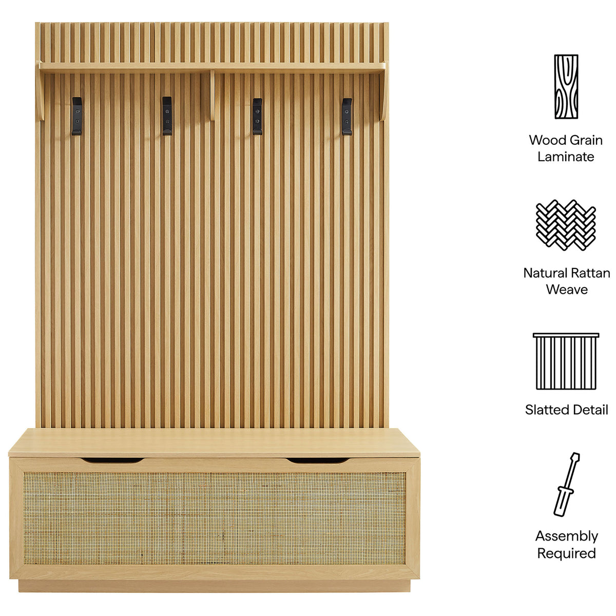 Wood-look laminate, natural rattan weave, and fluted detailing highlight this versatile hall tree and bench. || EEI-7474-OAK || callout_studio