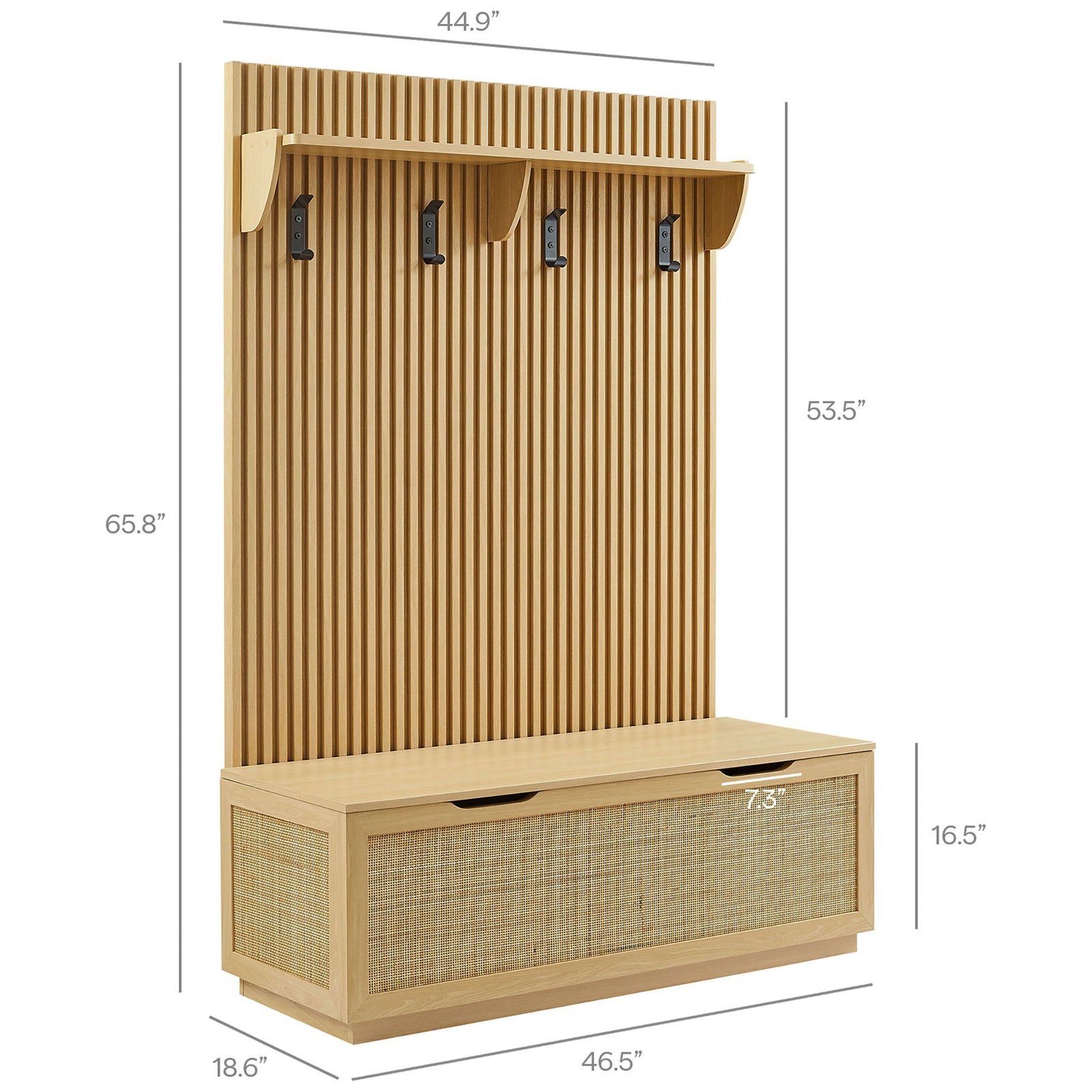 Tall fluted panel and wide bench offer generous hanging space and hidden storage for entryway essentials. || EEI-7474-OAK || dimension_studio