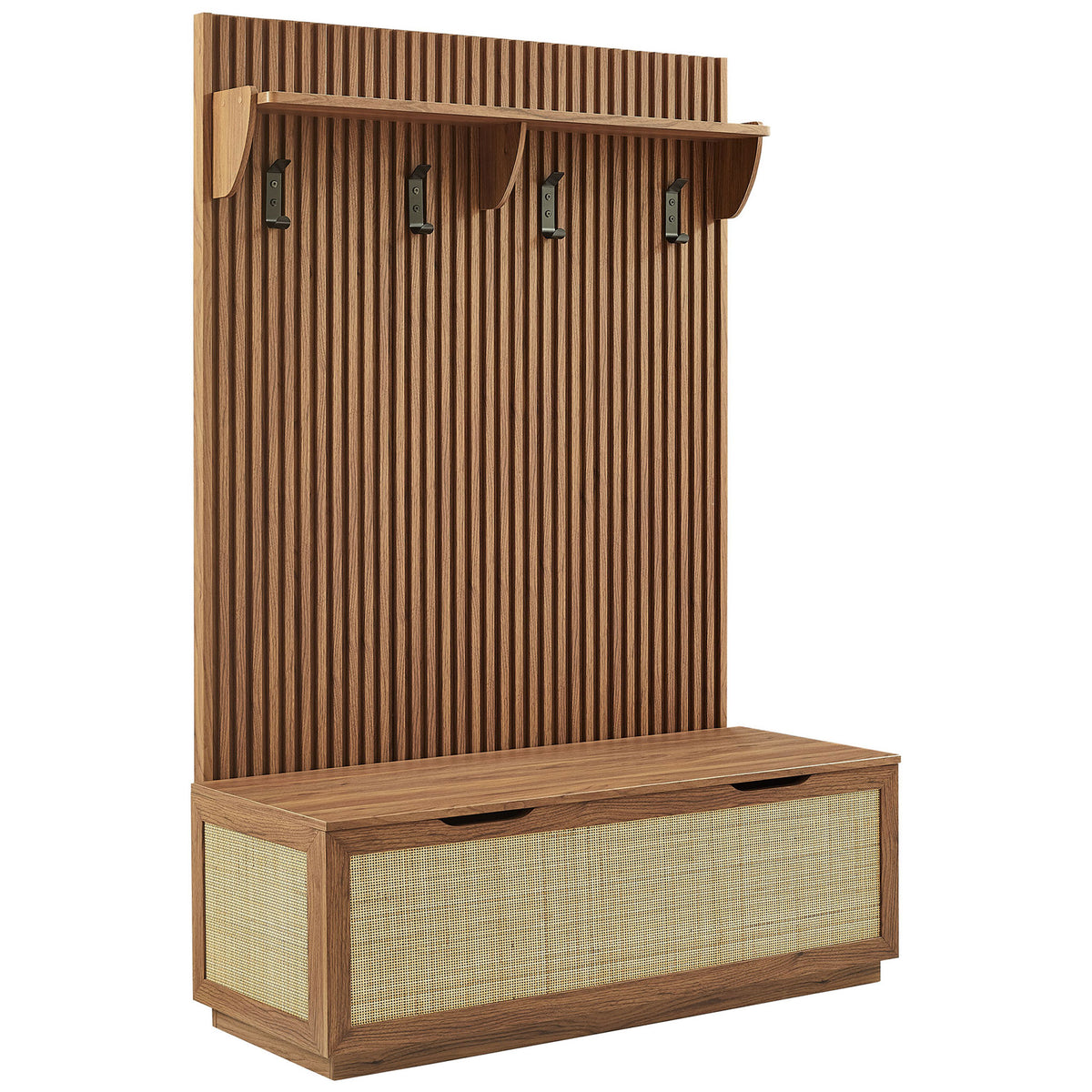 Warm wood-grain hall tree pairs slatted panel and shelf with four hooks and a woven-look storage bench || EEI-7474-WAL || front_angle_studio