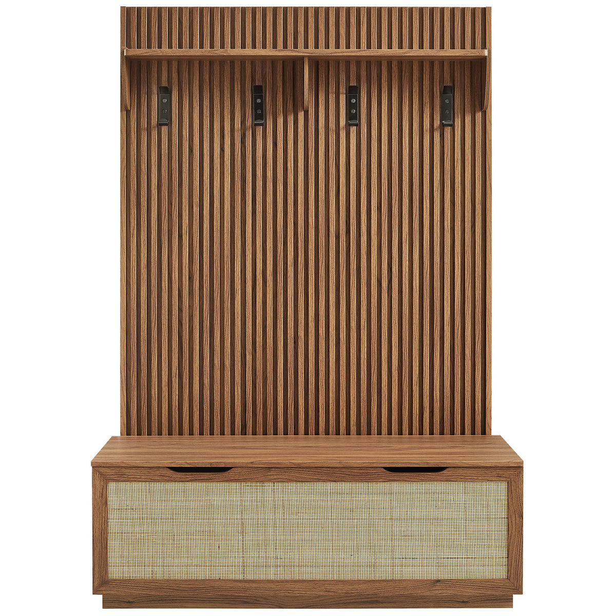Streamlined walnut hall tree with fluted slats, four metal hooks, and a rattan-front storage bench || EEI-7474-WAL || front_studio