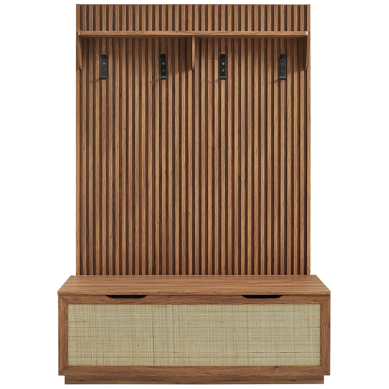 Streamlined walnut hall tree with fluted slats, four metal hooks, and a rattan-front storage bench || EEI-7474-WAL || front_studio