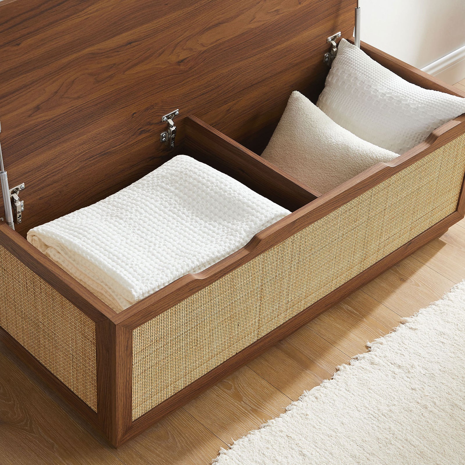 Flip-top bench opens to deep, divided compartments for blankets, shoes, and everyday essentials || EEI-7474-WAL || storage_open_room