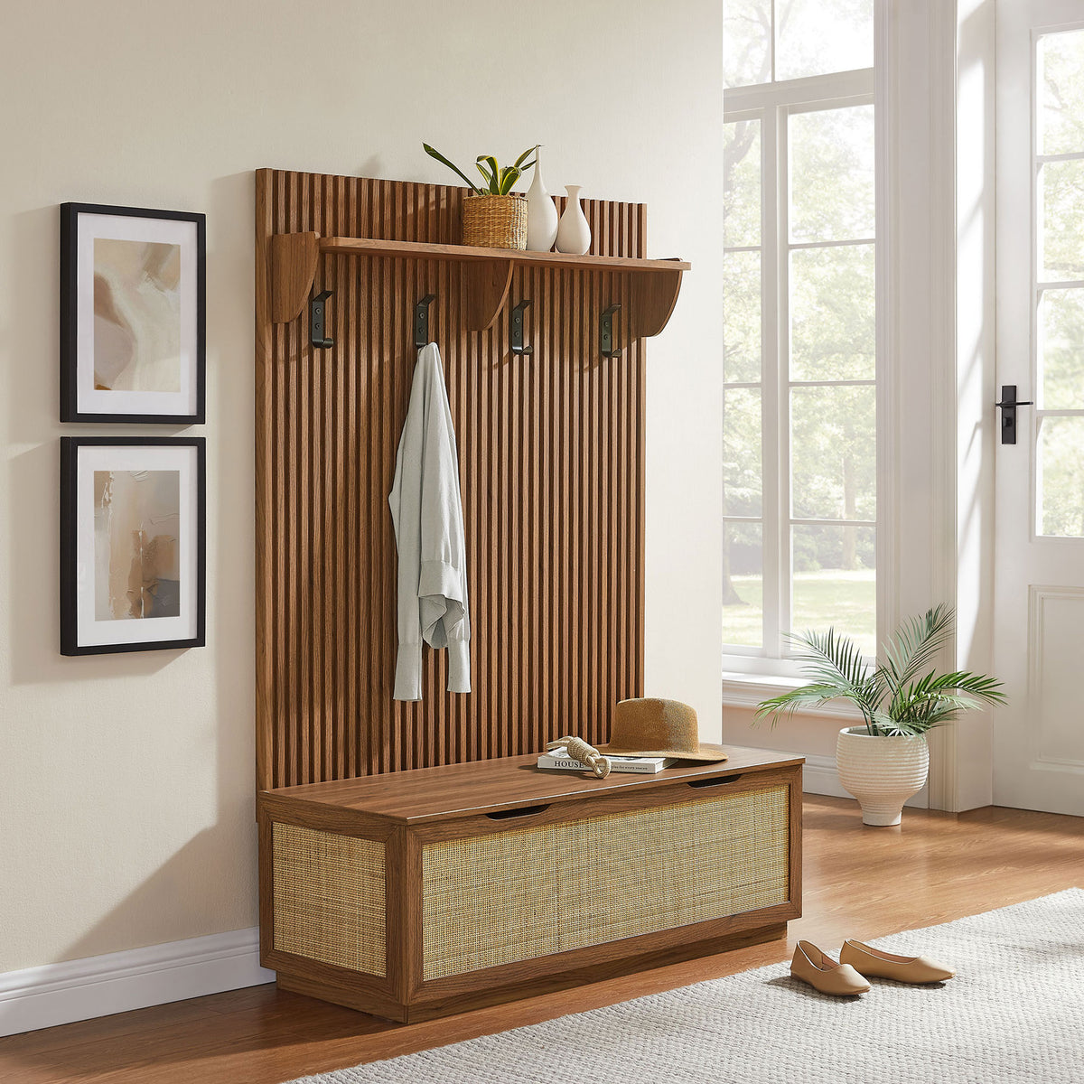 Entryway-ready hall tree in walnut with rattan-front bench, fluted panel, and shelf with four hooks || EEI-7474-WAL || front_angle_room