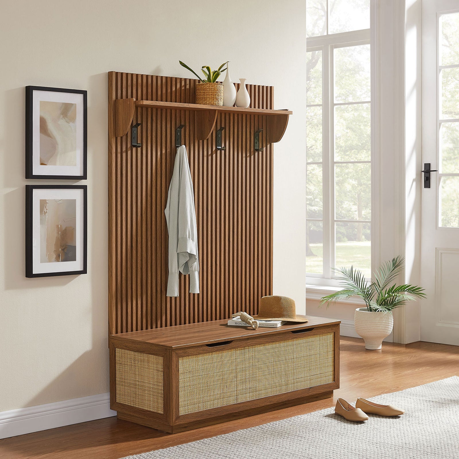 Entryway-ready hall tree in walnut with rattan-front bench, fluted panel, and shelf with four hooks || EEI-7474-WAL || front_angle_room