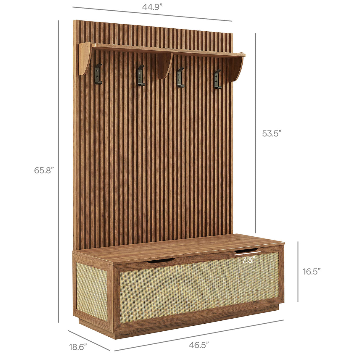 Sizing details show overall 65.8 in height, 46.5 in width, and 18.6 in depth for the hall tree and bench || EEI-7474-WAL || dimension_studio