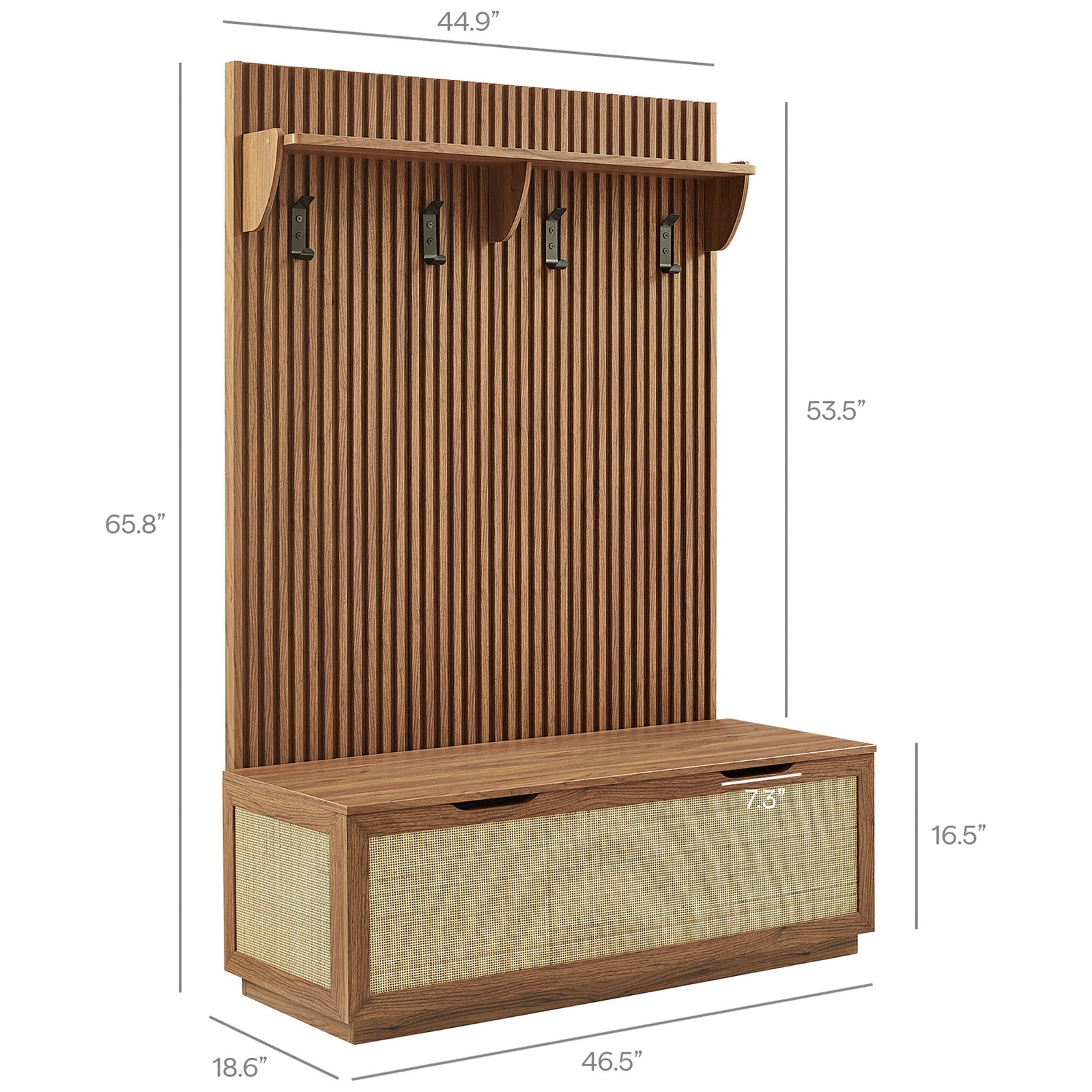 Sizing details show overall 65.8 in height, 46.5 in width, and 18.6 in depth for the hall tree and bench || EEI-7474-WAL || dimension_studio