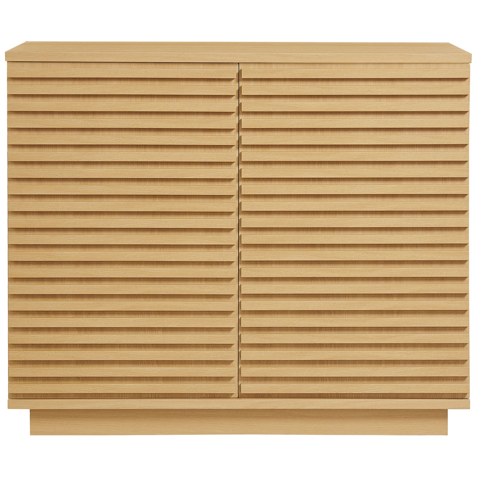 Mid-century oak fluted accent cabinet with two push-to-open doors and streamlined base || EEI-7476-OAK || front_studio