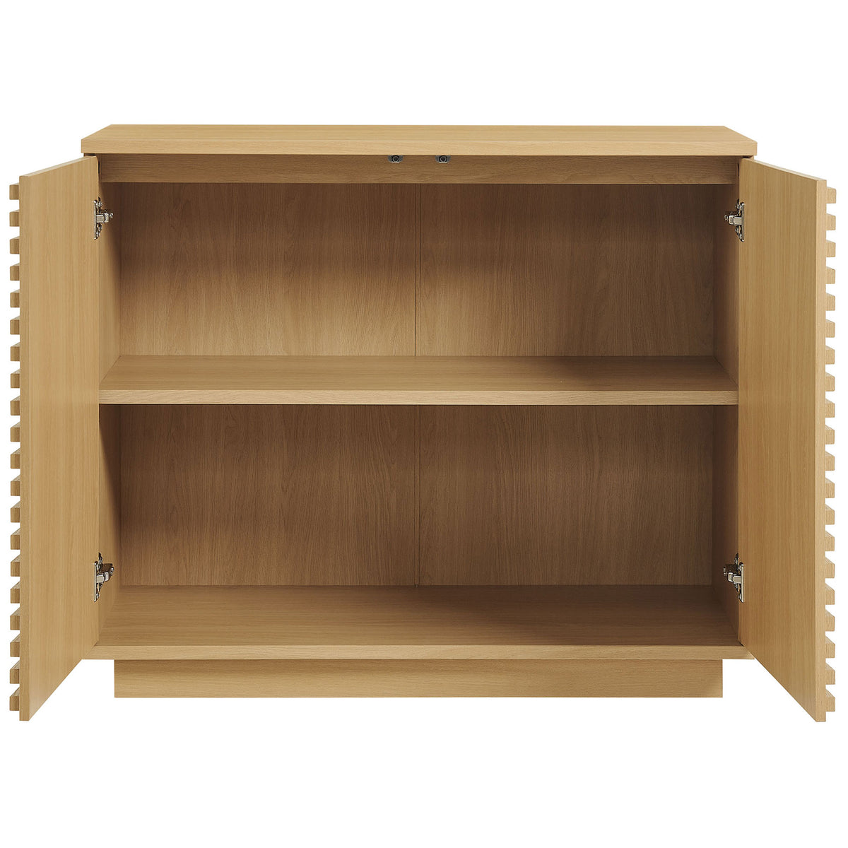 Oak fluted cabinet with both doors open revealing spacious storage and an adjustable interior shelf || EEI-7476-OAK || front_open_studio