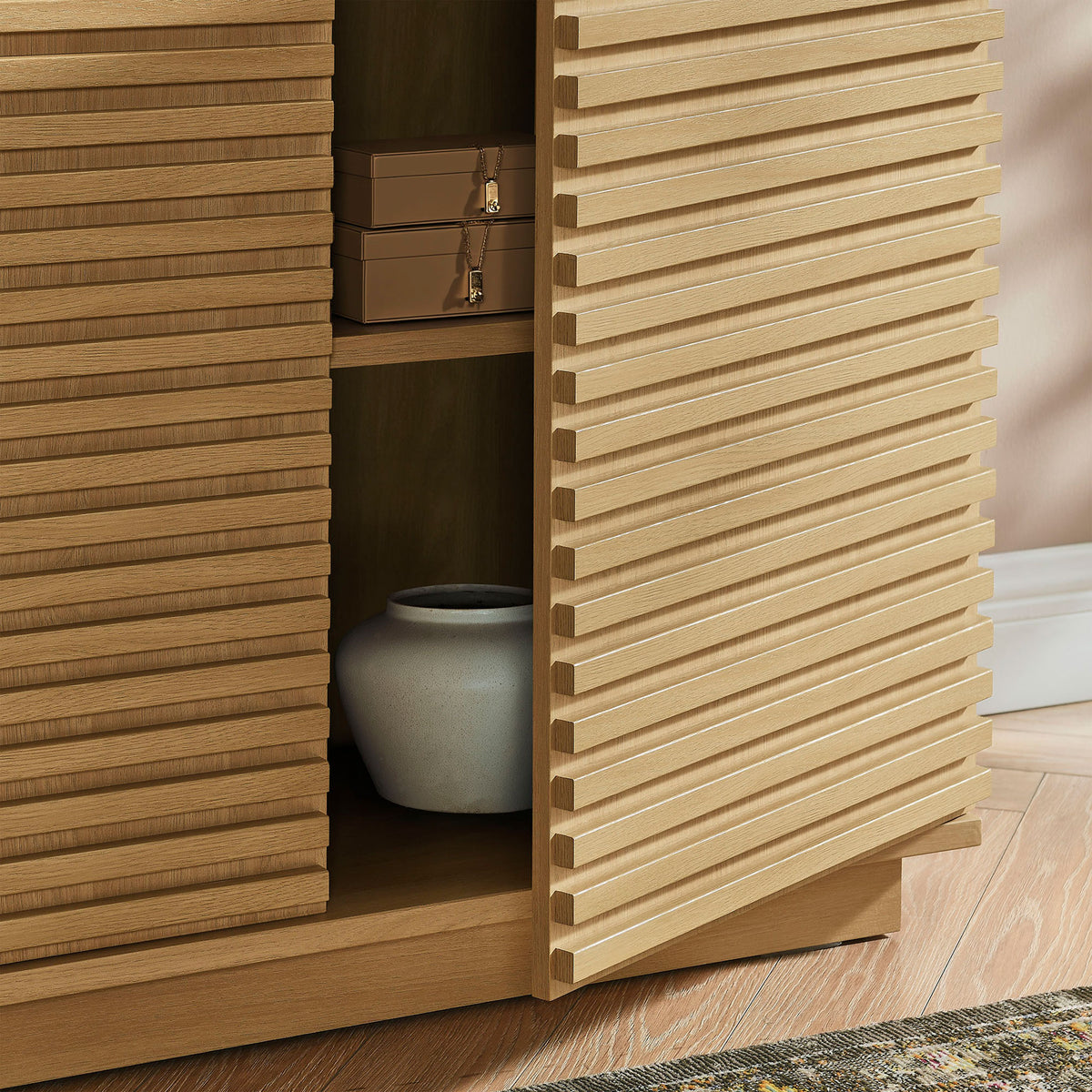 Render oak cabinet storage with fluted door partially open revealing shelf space for decor and essentials || EEI-7476-OAK || storage_open_room