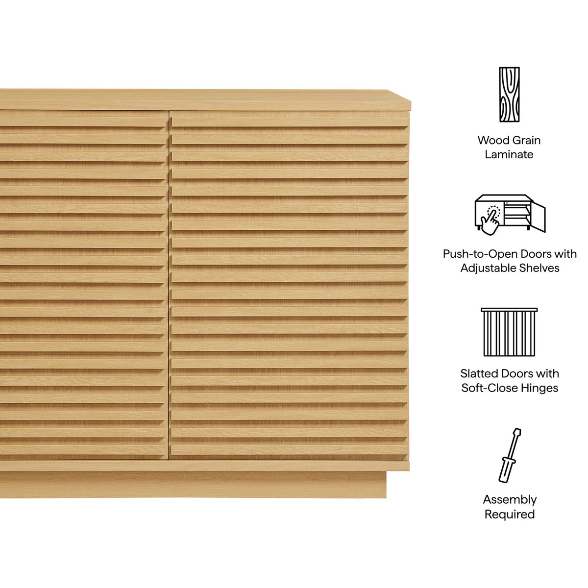 Render oak accent cabinet with icons highlighting wood grain laminate, push-to-open doors, and soft-close hinges || EEI-7476-OAK || callout_studio