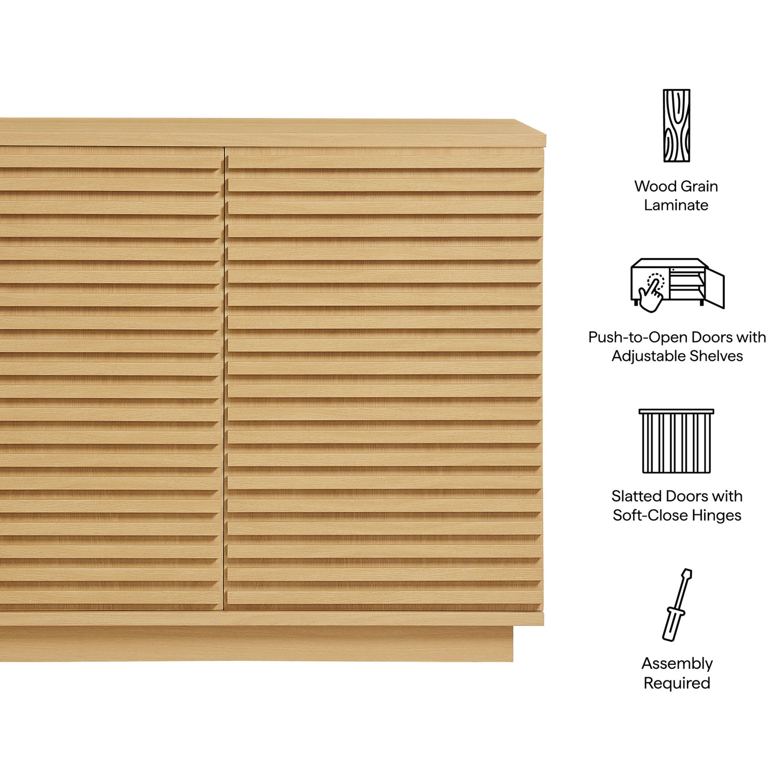 Render oak accent cabinet with icons highlighting wood grain laminate, push-to-open doors, and soft-close hinges || EEI-7476-OAK || callout_studio