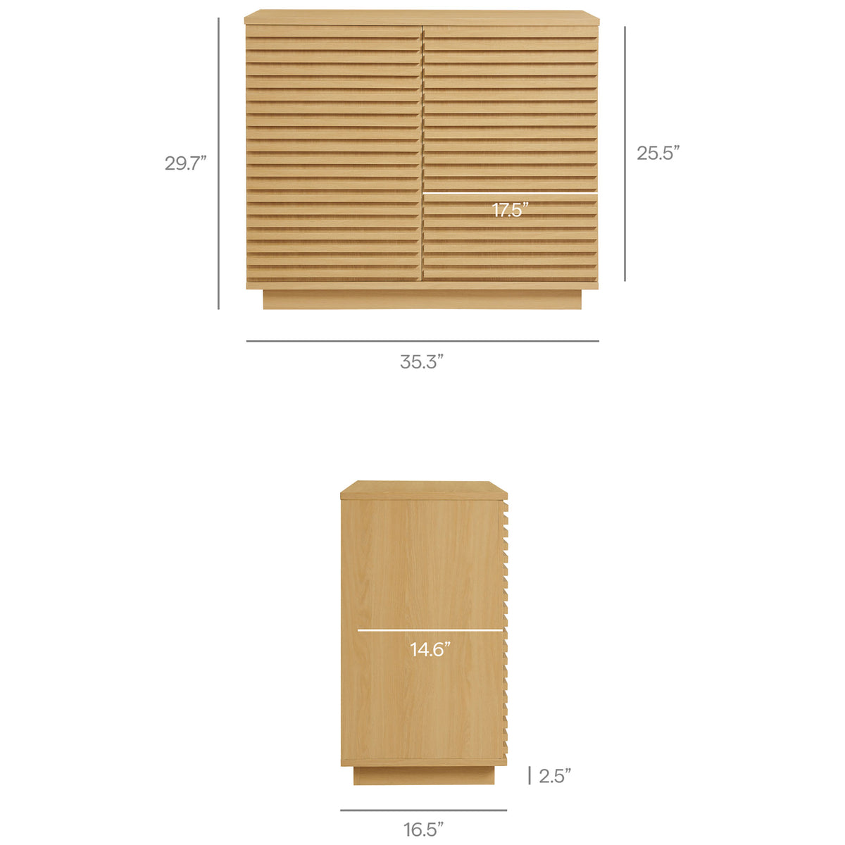 Dimensions diagram for the Render oak fluted accent cabinet showing overall height, width, and depth || EEI-7476-OAK || dimension_studio