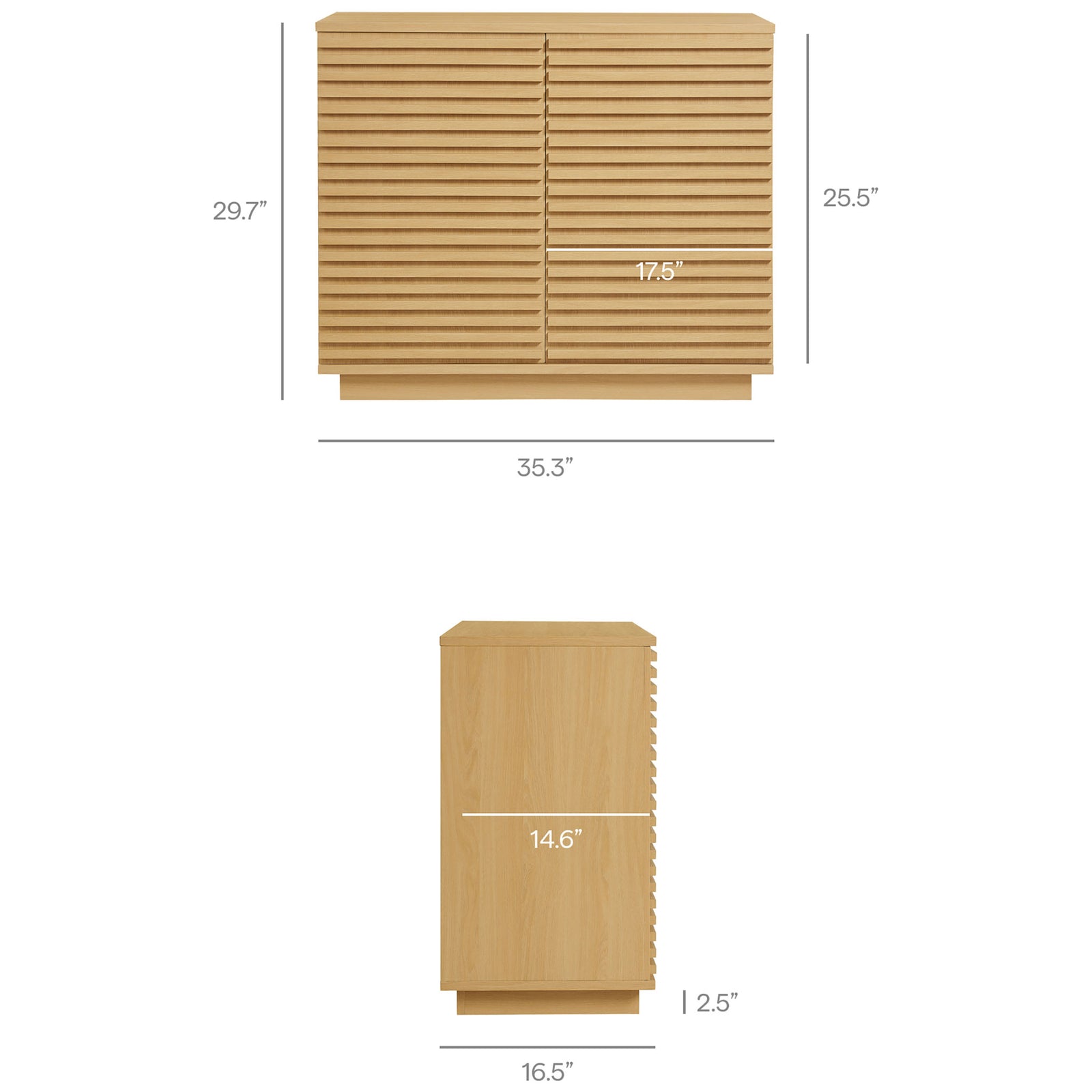 Dimensions diagram for the Render oak fluted accent cabinet showing overall height, width, and depth || EEI-7476-OAK || dimension_studio