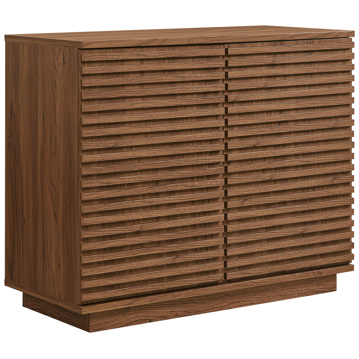 Walnut fluted accent cabinet showcasing rich wood grain and clean mid-century lines || EEI-7476-WAL || front_angle_studio