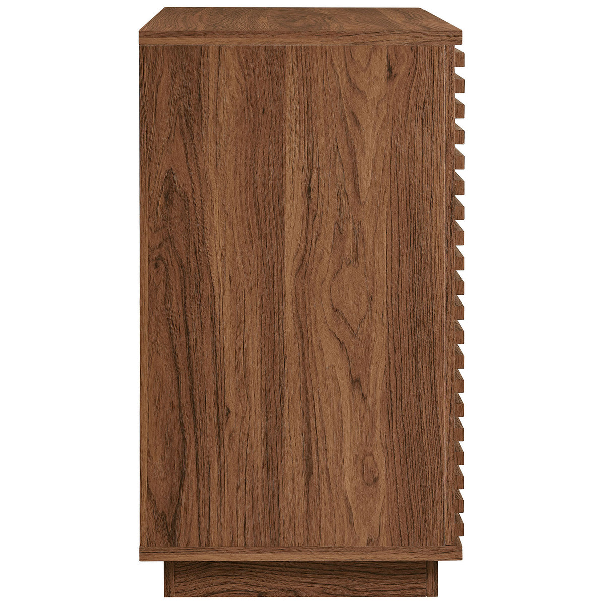 Smooth walnut cabinet side with matching wood grain finish and sturdy plinth base || EEI-7476-WAL || side_studio