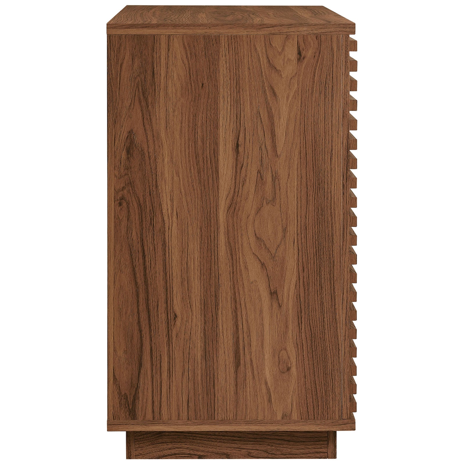 Smooth walnut cabinet side with matching wood grain finish and sturdy plinth base || EEI-7476-WAL || side_studio