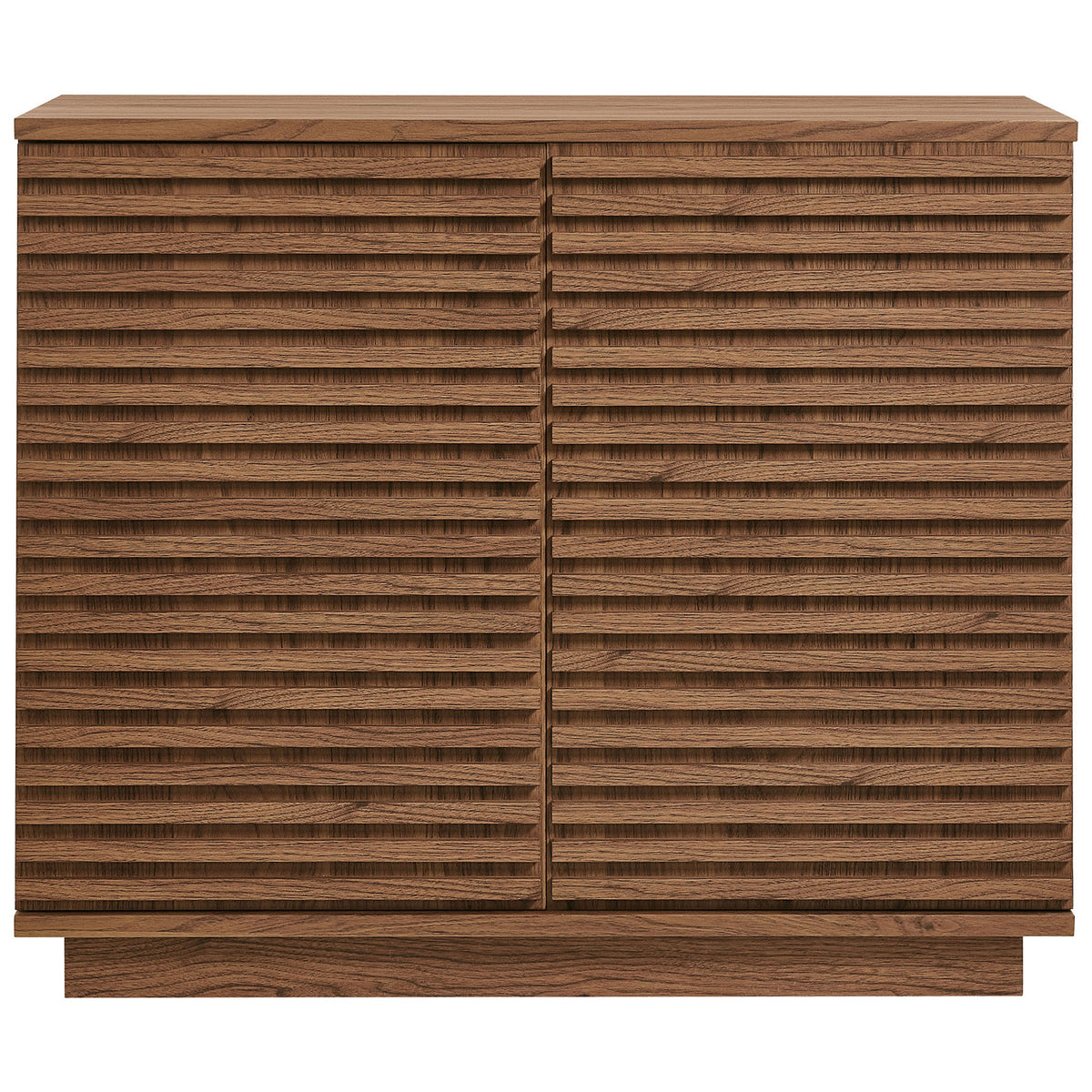 Mid-century walnut fluted accent cabinet with two push-to-open doors and streamlined base || EEI-7476-WAL || front_studio